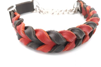 Fettlederhalsband Zugstopp-Kette 45cm - 48cm schwarz-rot