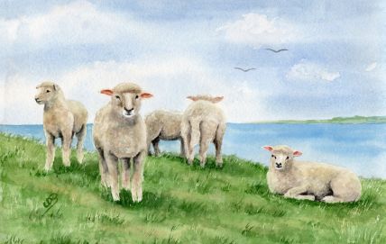 Aquarell Brettchen Frühstücksbrettchen Schafe Deichschafe Nordsee