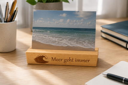 Kartenhalter aus Buchenholz mit Welle und Spruch "Meer geht immer"