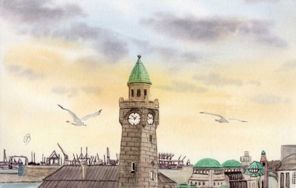 Aquarell Brettchen Frühstücksbrettchen Hamburg Landungsbrücken