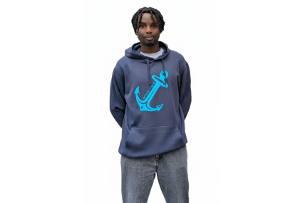 Hoodie „Anker mit Jever-Koordinaten“ - Farbe Navy - Druck Blau
