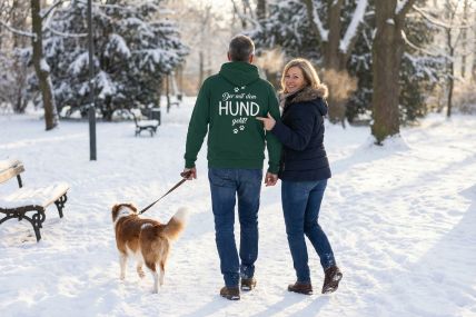Zip-Hoodie „Der mit dem Hund geht“ - Farbe Dunkelgrün - Druck Weiß