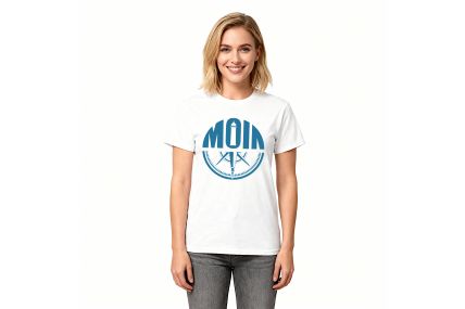 T-Shirt „MOIN“ mit Leuchtturm und Kompass – Farbe Weiß - Druck Blau