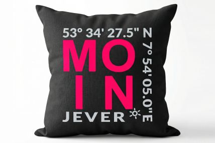 Deko-Kissen „MOIN JEVER“ in Farbe Anthrazit - Druck Neonpink und Hellgrau