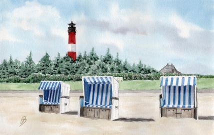 Aquarell Brettchen Frühstücksbrettchen Sylt Hörnum Leuchtturm Strandkörbe