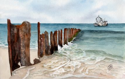 Aquarell Brettchen Frühstücksbrettchen Sylt Strand Meer Nordsee Wellenbrecher