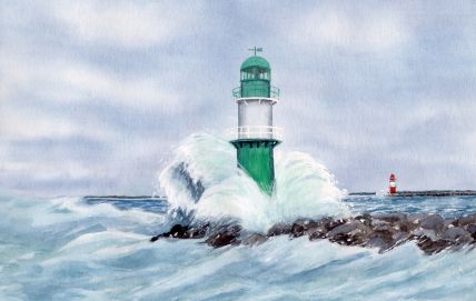 Aquarell Brettchen Frühstücksbrettchen Warnemünde Ostsee Mole grün
