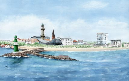 Aquarell Brettchen Frühstücksbrettchen Warnemünde Ostsee Panorama Leuchtturm Teepott Mole