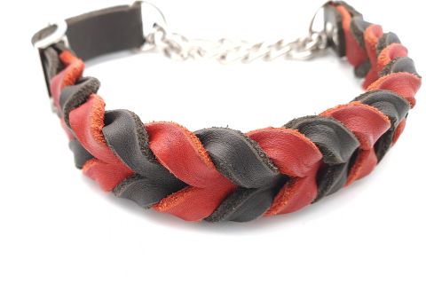 Fettlederhalsband Zugstopp-Kette 45cm - 48cm schwarz-rot