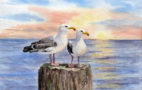 Aquarell Brettchen Frühstücksbrettchen Möwen auf Pfahl im Sonnenuntergang Meer Nordsee Strand 