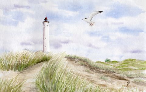 Aquarell Brettchen Frühstücksbrettchen Dänemark Leuchtturm Lyngvig Nordsee