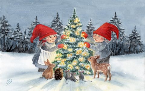 Aquarell Brettchen Frühstücksbrettchen Nisse Dänemark Wichtel Weihnachten Jul 2