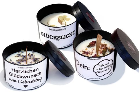 Sojawachs-Dosenkerzen 120g mit verschiedenen Motiven, Düften und Naturbelassen