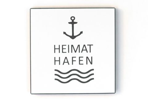 Wandbild in schwar/weiß - HEIMAT HAFEN mit Anker und Wasserwellen.