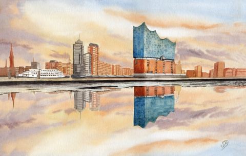 Aquarell Brettchen Frühstücksbrettchen Hamburg Elbe Elbphilarmonie