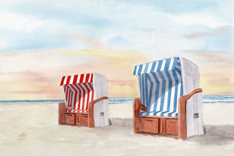 Aquarell Poster Druck  Nordsee Meer Strand Strandkorb in DIN A4 