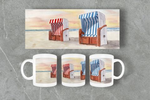 Aquarell Tasse Kaffeebecher Becher Mug  Strand Meer Strandkorb Nordsee Kuehl2B