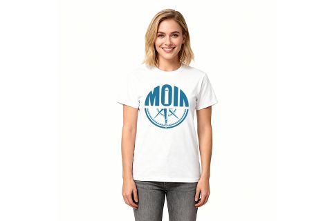 T-Shirt „MOIN“ mit Leuchtturm und Kompass – Farbe Weiß - Druck Blau