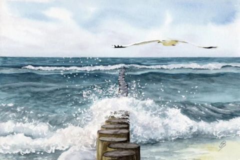 Aquarell Poster Druck  Nordsee Meer Strand Wellenbrecher in DIN A4 