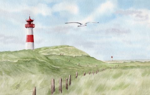 Aquarell Brettchen Frühstücksbrettchen Sylt List Leuchtturm Strand 