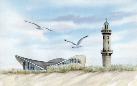 Aquarell Brettchen Frühstücksbrettchen Warnemünde Ostsee Leuchtturm Teepott Strand