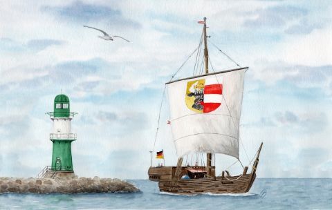 Aquarell Brettchen Frühstücksbrettchen Warnemünde Ostsee Mole grün Wismar Kogge