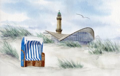Aquarell Brettchen Frühstücksbrettchen Warnemünde Ostsee Leuchtturm Teepott Strandkorb